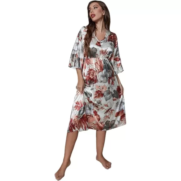 WDIRARA Women's Satin Nightgown Floral Print V Neck Short Sleeve Silk Night Dress