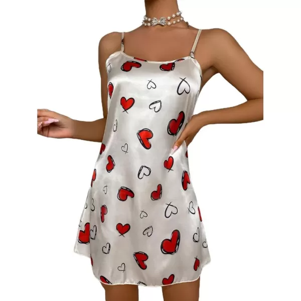 WDIRARA Women's Satin Nightgown Heart Print Spaghetti Strap Chemise Slip Nightdress