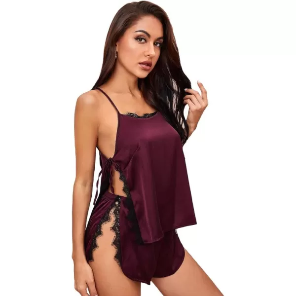 WDIRARA Women's Satin Nightgown Lace Trim Halter V Neck Split Babydoll Lingerie Slip Dress