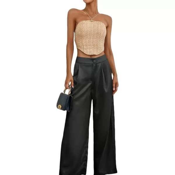 WDIRARA Women's Satin Pants Wide Leg High Waisted Loose Elegant Office Simple Pants