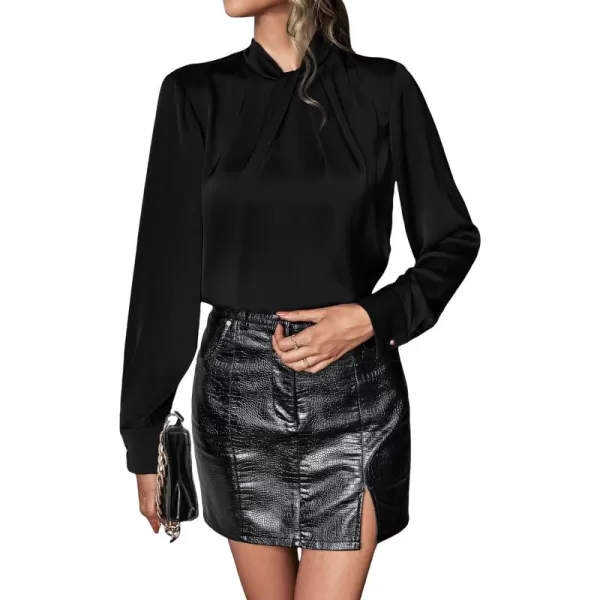 WDIRARA Women's Satin Silk Long Sleeve Formal Solid Elegant Blouse Shirt Top