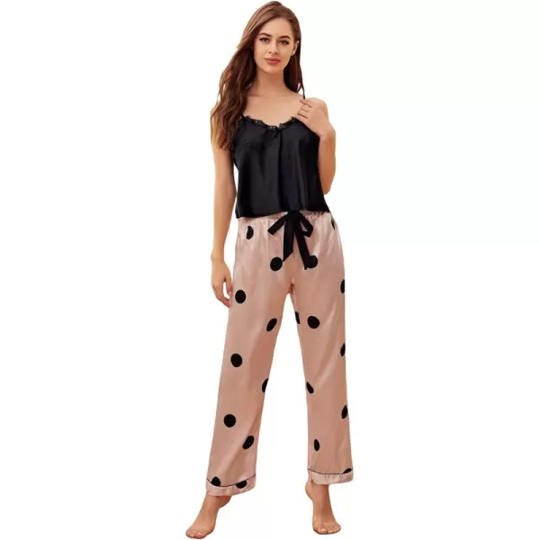 WDIRARA Women's Satin Sleepwear Lace Trim V Neck Cami Top and Polka Dots Pants Pj Set