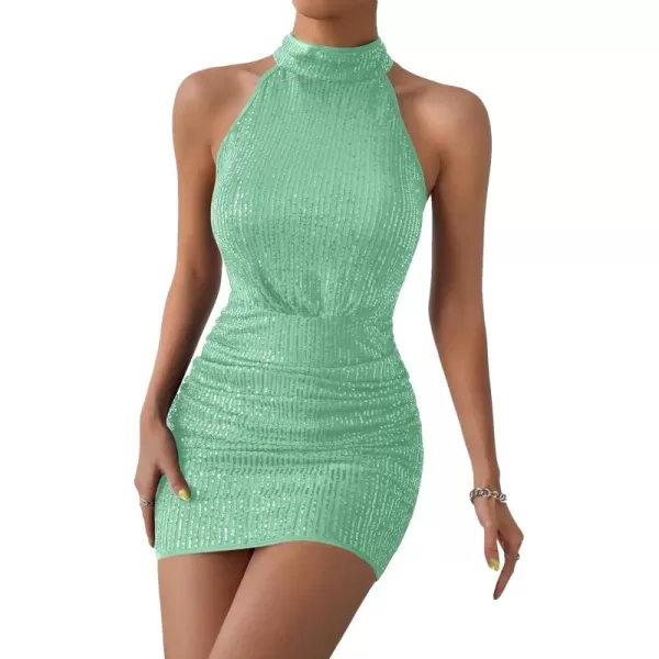 WDIRARA Women's Sequin Sparkly Halter Neck Sleeveless Ruched Bodycon Party Mini Dress