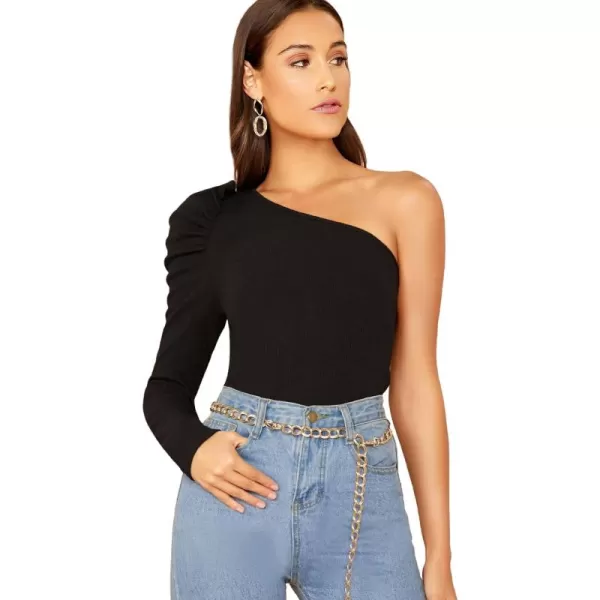 WDIRARA Women's Sexy Solid One Shoulder Cut-Out Long Sleeve Top