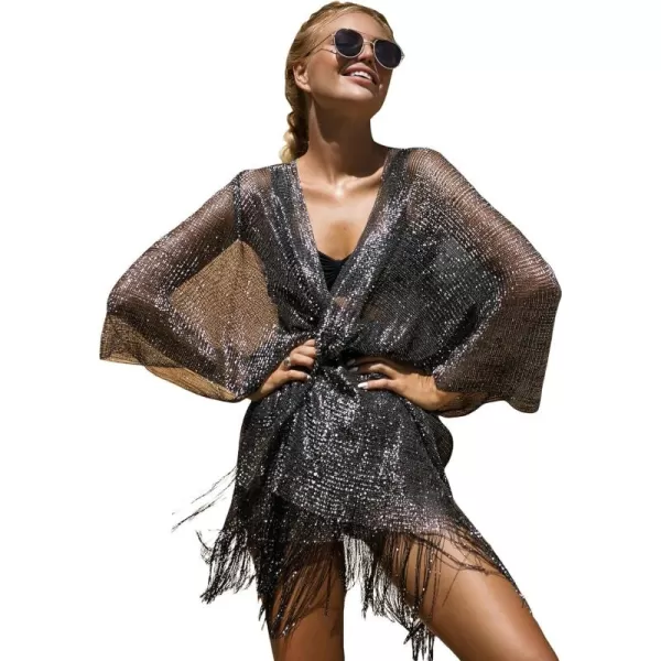 WDIRARA Women's Sheer Beach Kimono Glitter Fringe Trim Shawl Cardigan Swim Cover Up