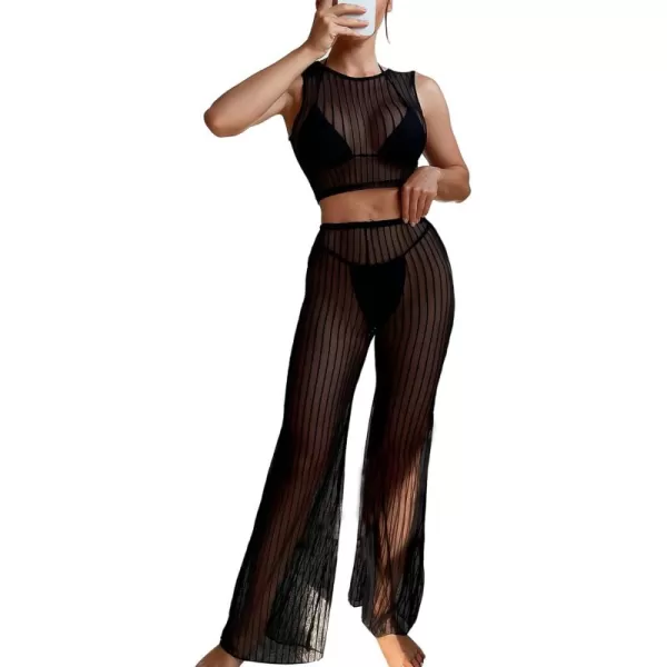 WDIRARA Women's Sheer Mesh 2 Piece Sexy Swim Cover Up Set Striped Crop Top and Flare Pants
