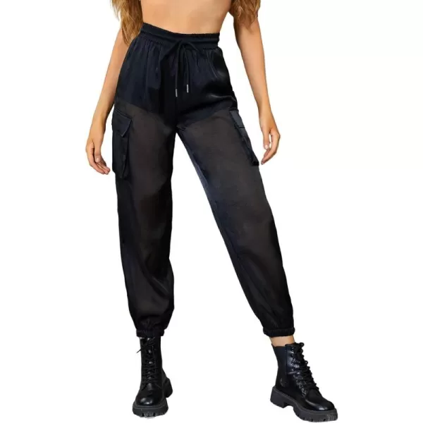WDIRARA Women's Sheer Mesh High Waisted Straight Leg Cargo Pants with Pockets