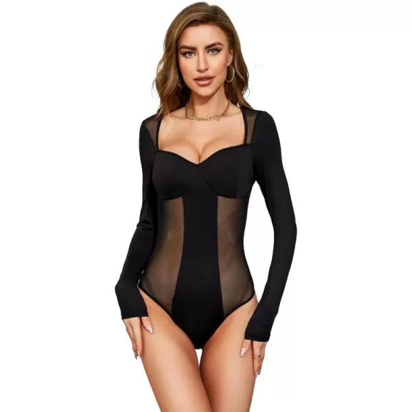 WDIRARA Women's Sheer Mesh Sweetheart Neck Long Sleeve Skinny Bodysuit Tops