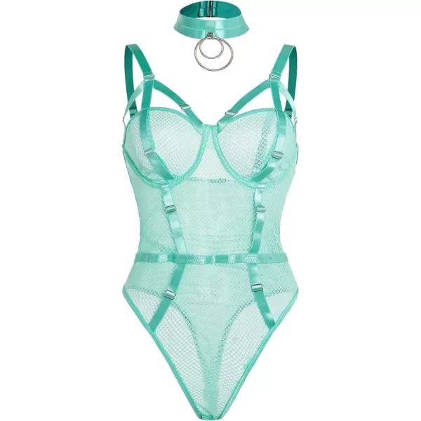 WDIRARA Women's Sheer Mesh Underwire Strap Teddy Lingerie Bodysuit With Choker