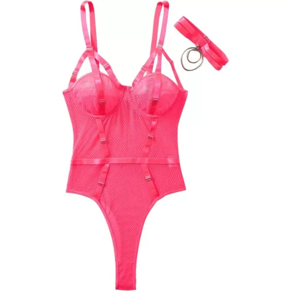 WDIRARA Women's Sheer Mesh Underwire Strap Teddy Lingerie Bodysuit With Choker