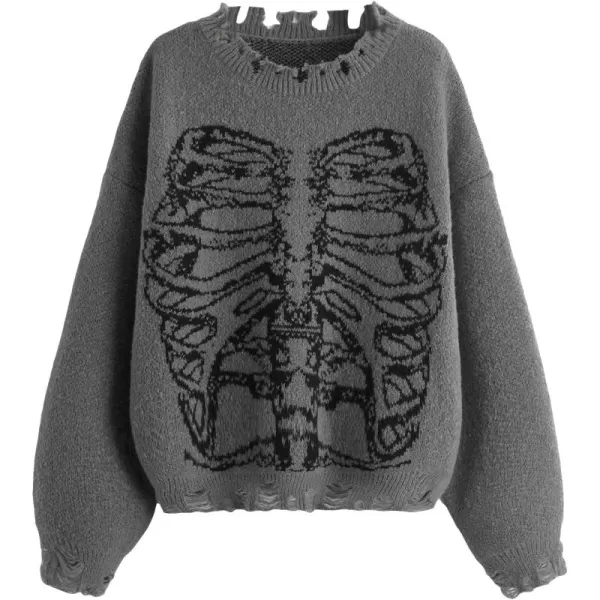 WDIRARA Women's Skeleton Patterned Distressed Long Sleeve Round Neck Pullover Sweaters