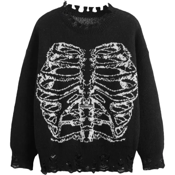 WDIRARA Women's Skeleton Patterned Distressed Long Sleeve Round Neck Pullover Sweaters