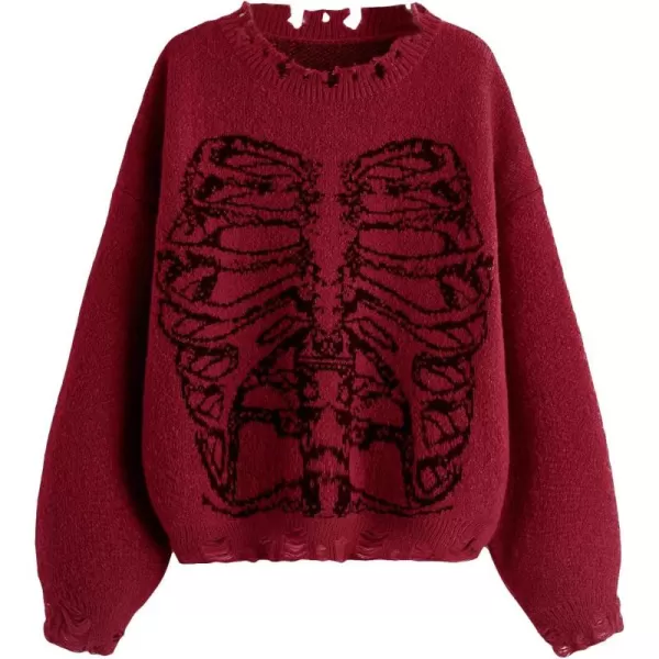 WDIRARA Women's Skeleton Patterned Distressed Long Sleeve Round Neck Pullover Sweaters