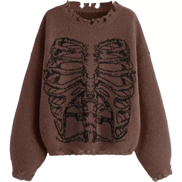 WDIRARA Women's Skeleton Patterned Distressed Long Sleeve Round Neck Pullover Sweaters