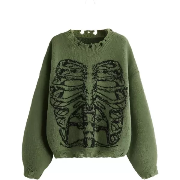 WDIRARA Women's Skeleton Patterned Distressed Long Sleeve Round Neck Pullover Sweaters