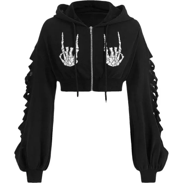 WDIRARA Women's Skeleton Skull Graphic Print Hoodie Drop Shoulder Drawstring Sweatshirt Zipper Up Long Sleeve Crop Top