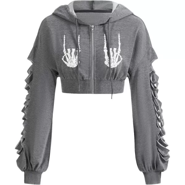WDIRARA Women's Skeleton Skull Graphic Print Hoodie Drop Shoulder Drawstring Sweatshirt Zipper Up Long Sleeve Crop Top