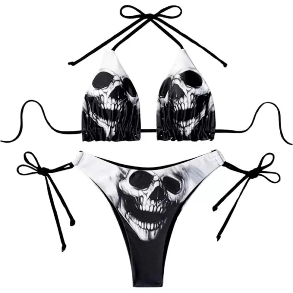 WDIRARA Women's Skull Pattern Halter Triangle Thong Sexy 2 Piece Bikini Swimsuit