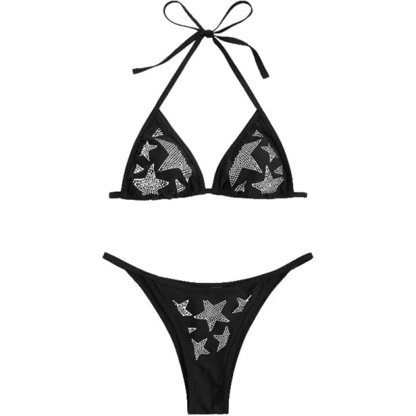 WDIRARA Women's Skull Pattern Halter Triangle Thong Sexy 2 Piece Bikini Swimsuit