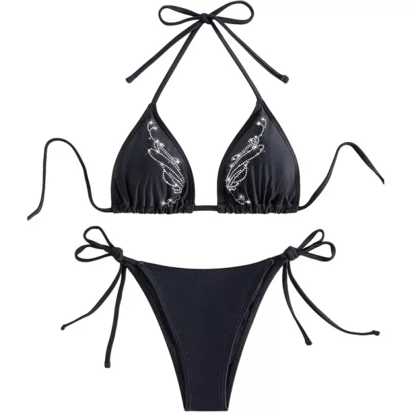 WDIRARA Women's Skull Pattern Halter Triangle Thong Sexy 2 Piece Bikini Swimsuit