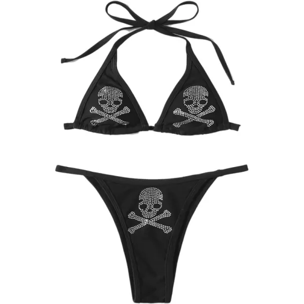 WDIRARA Women's Skull Pattern Halter Triangle Thong Sexy 2 Piece Bikini Swimsuit