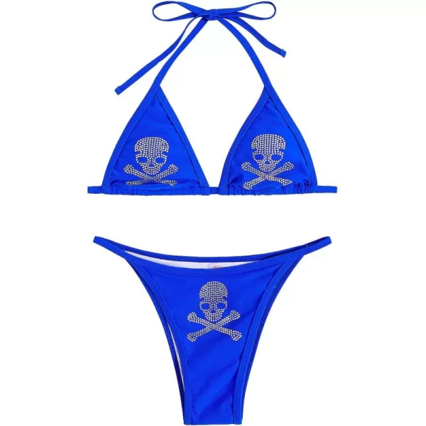 WDIRARA Women's Skull Pattern Halter Triangle Thong Sexy 2 Piece Bikini Swimsuit
