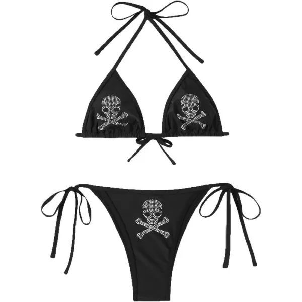 WDIRARA Women's Skull Pattern Halter Triangle Thong Sexy 2 Piece Bikini Swimsuit