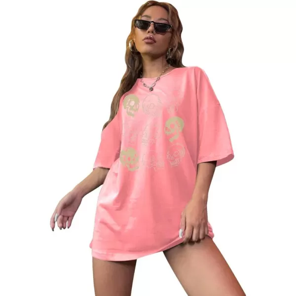 WDIRARA Women's Skull Print Half Sleeve Drop Shoulder Oversized Tee Casual T Shirts