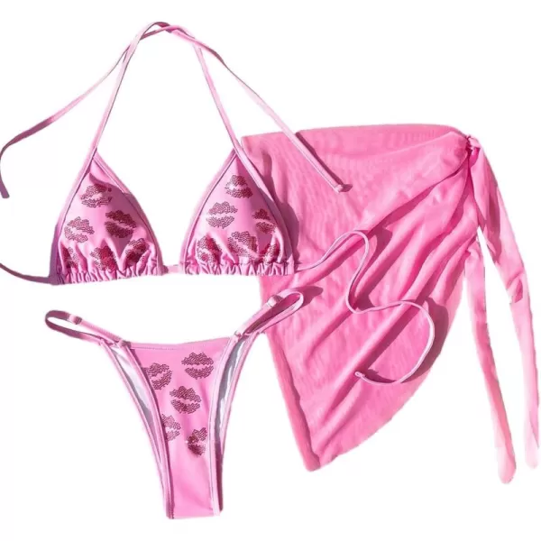 WDIRARA Women's Skull Rhinestone Triangle Halter Tie 3 Piece Metallic Swimsuit and Wrap Skirt