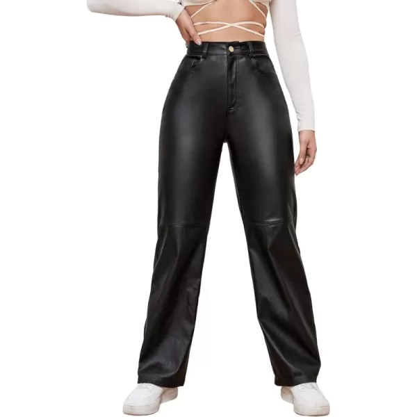 WDIRARA Women's Slant Pocket Straight Leg High Stretch Jeans Leather Look Long Pants
