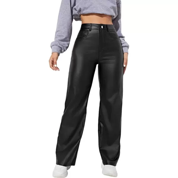 WDIRARA Women's Slant Pocket Straight Leg High Stretch Jeans Leather Look Long Pants