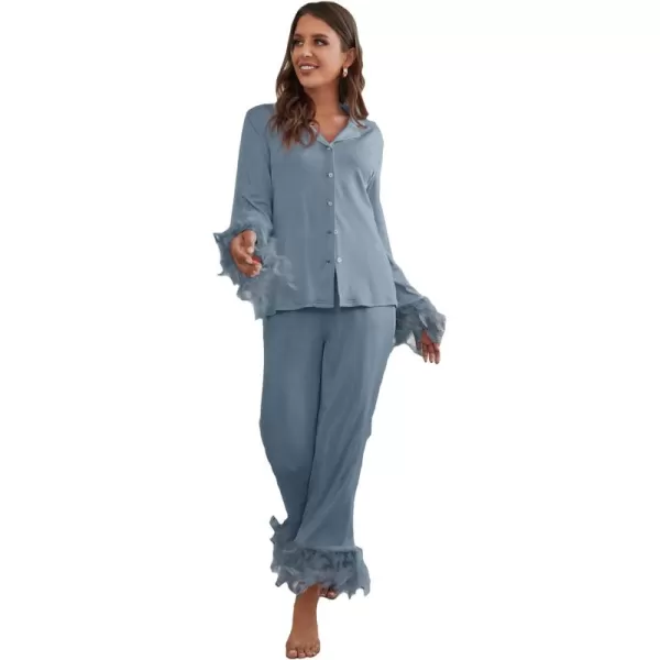 WDIRARA Women's Sleepwear 2 Piece Fuzzy Trim Button Down Long Sleeve and Pants Pj Set