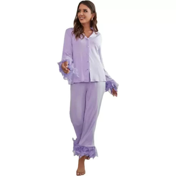 WDIRARA Women's Sleepwear 2 Piece Fuzzy Trim Button Down Long Sleeve and Pants Pj Set