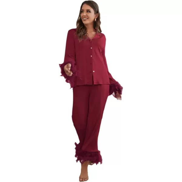 WDIRARA Women's Sleepwear 2 Piece Fuzzy Trim Button Down Long Sleeve and Pants Pj Set