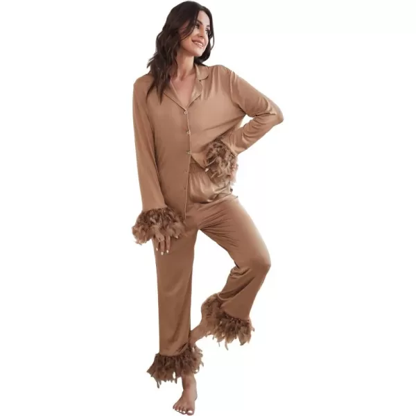 WDIRARA Women's Sleepwear 2 Piece Fuzzy Trim Button Down Long Sleeve and Pants Pj Set