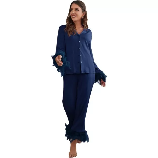 WDIRARA Women's Sleepwear 2 Piece Fuzzy Trim Button Down Long Sleeve and Pants Pj Set
