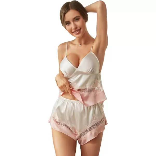 WDIRARA Women's Sleepwear 2 Piece Lace Trim Backless Cami Top and Shorts Satin Pj Set