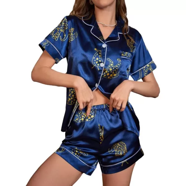 WDIRARA Women's Sleepwear 2 Piece Satin Floral Print Short Sleeve Shirt and Shorts Silk Pajama Set