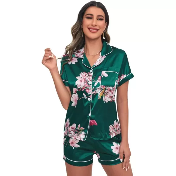WDIRARA Women's Sleepwear 2 Piece Satin Floral Print Short Sleeve Shirt and Shorts Silk Pajama Set