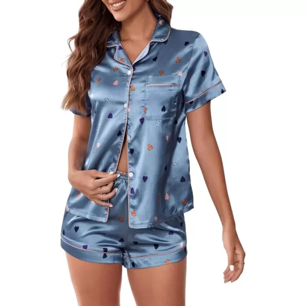 WDIRARA Women's Sleepwear 2 Piece Satin Floral Print Short Sleeve Shirt and Shorts Silk Pajama Set