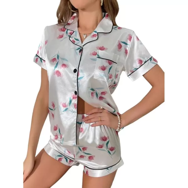 WDIRARA Women's Sleepwear 2 Piece Satin Floral Print Short Sleeve Shirt and Shorts Silk Pajama Set