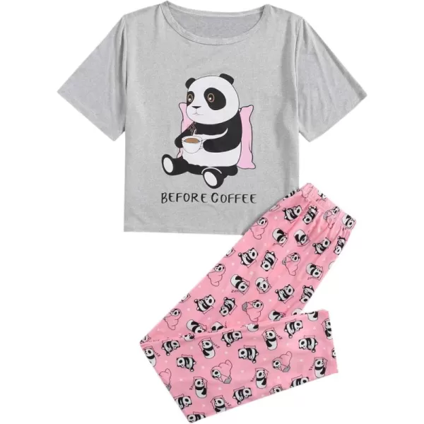 WDIRARA Women's Sleepwear Closed Eyes Print Casual Tee and Pants Pajama Set