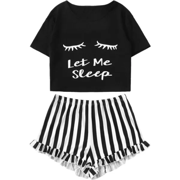 WDIRARA Women's Sleepwear Closed Eyes Print Tee and Shorts Cute Pajama Set