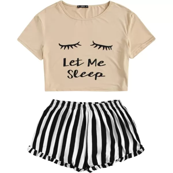 WDIRARA Women's Sleepwear Closed Eyes Print Tee and Shorts Cute Pajama Set
