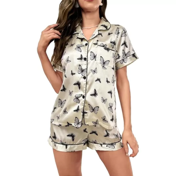 WDIRARA Women's Sleepwear Cow Print Satin Short Sleeve Shirt and Shorts Pajama Set