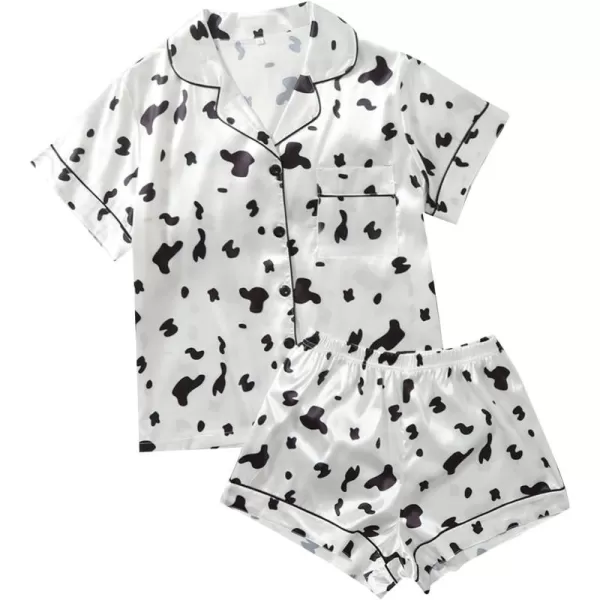 WDIRARA Women's Sleepwear Cow Print Satin Short Sleeve Shirt and Shorts Pajama Set