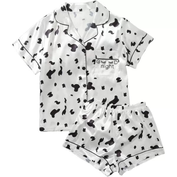 WDIRARA Women's Sleepwear Cow Print Satin Short Sleeve Shirt and Shorts Pajama Set