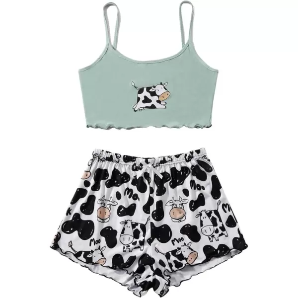 WDIRARA Women's Sleepwear Cute Print Lettuce Trim Cami and Shorts Pajama Set