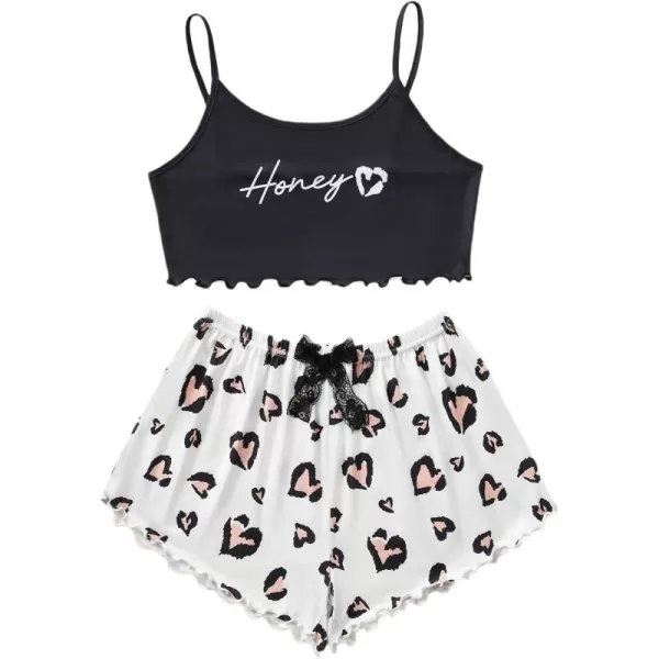 WDIRARA Women's Sleepwear Cute Print Lettuce Trim Cami and Shorts Pajama Set