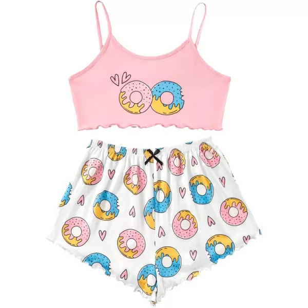WDIRARA Women's Sleepwear Cute Print Lettuce Trim Cami and Shorts Pajama Set